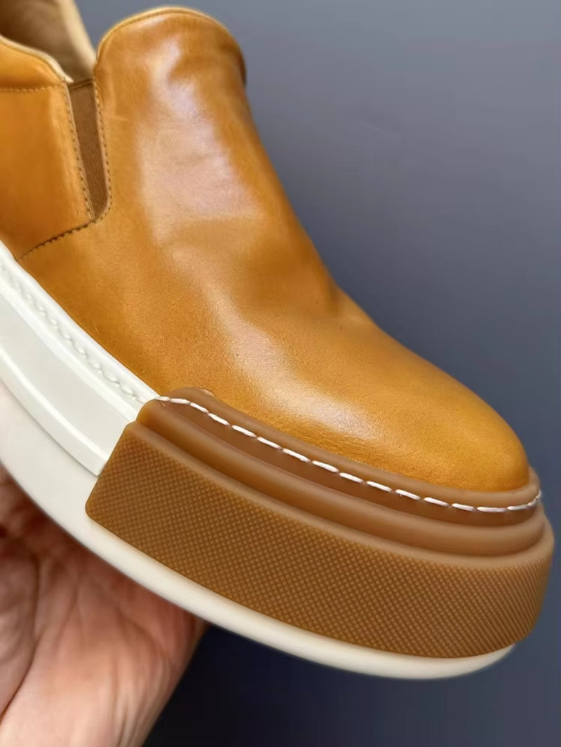 Vintage Men High Quality Horsehide Genuine Leather Slip on Loafers Thick Platform Low Cut Casual Shoes Autumn outside Sneakers