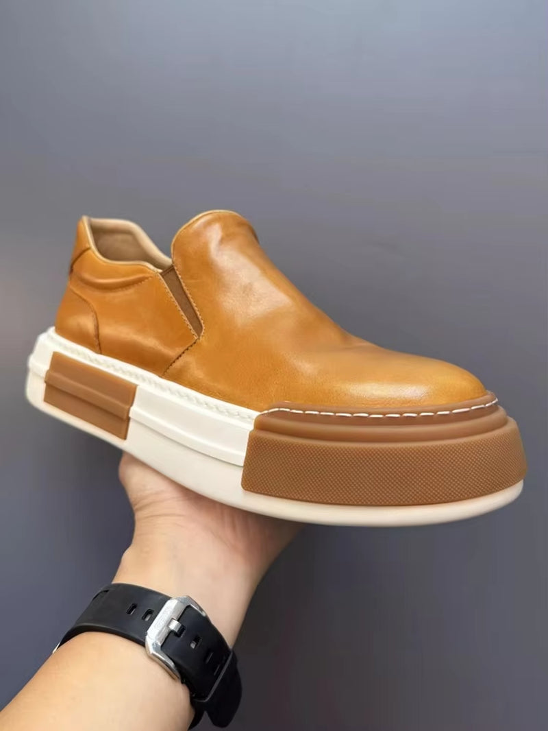 Vintage Men High Quality Horsehide Genuine Leather Slip on Loafers Thick Platform Low Cut Casual Shoes Autumn outside Sneakers