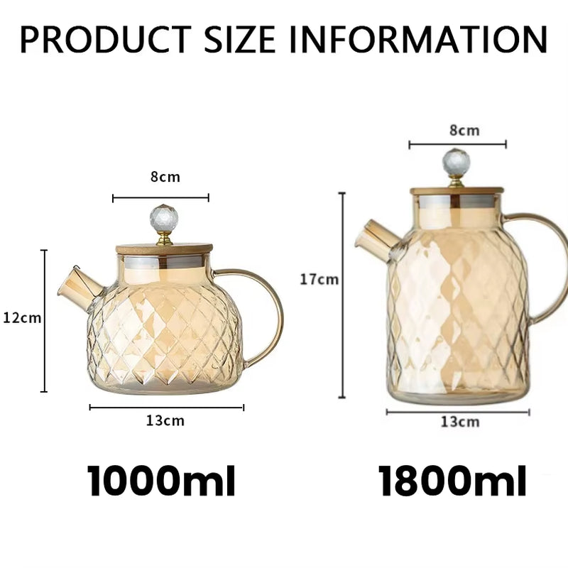 Glass Tea Kettle with Bamboo Lid and Removable Filter Spout Champagne Teapot for Loose Leaf Blooming Tea and Fruit Tea 1/1.8L