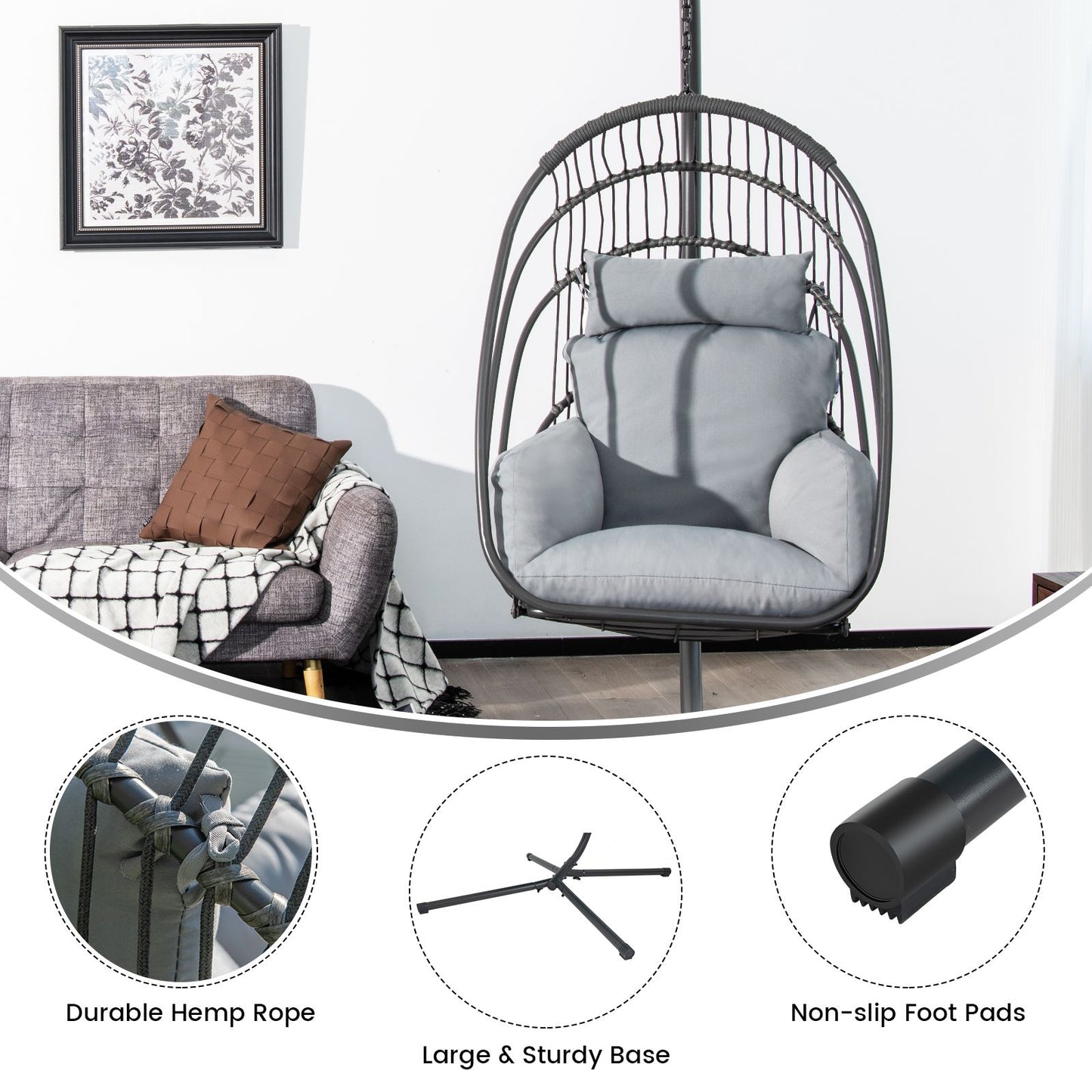 Deluxe Grey and Turquoise Swing Egg Chair with Stand - Comforting Cushions, Pillow, and Foldable Design for Indoor and Outdoor Relaxation