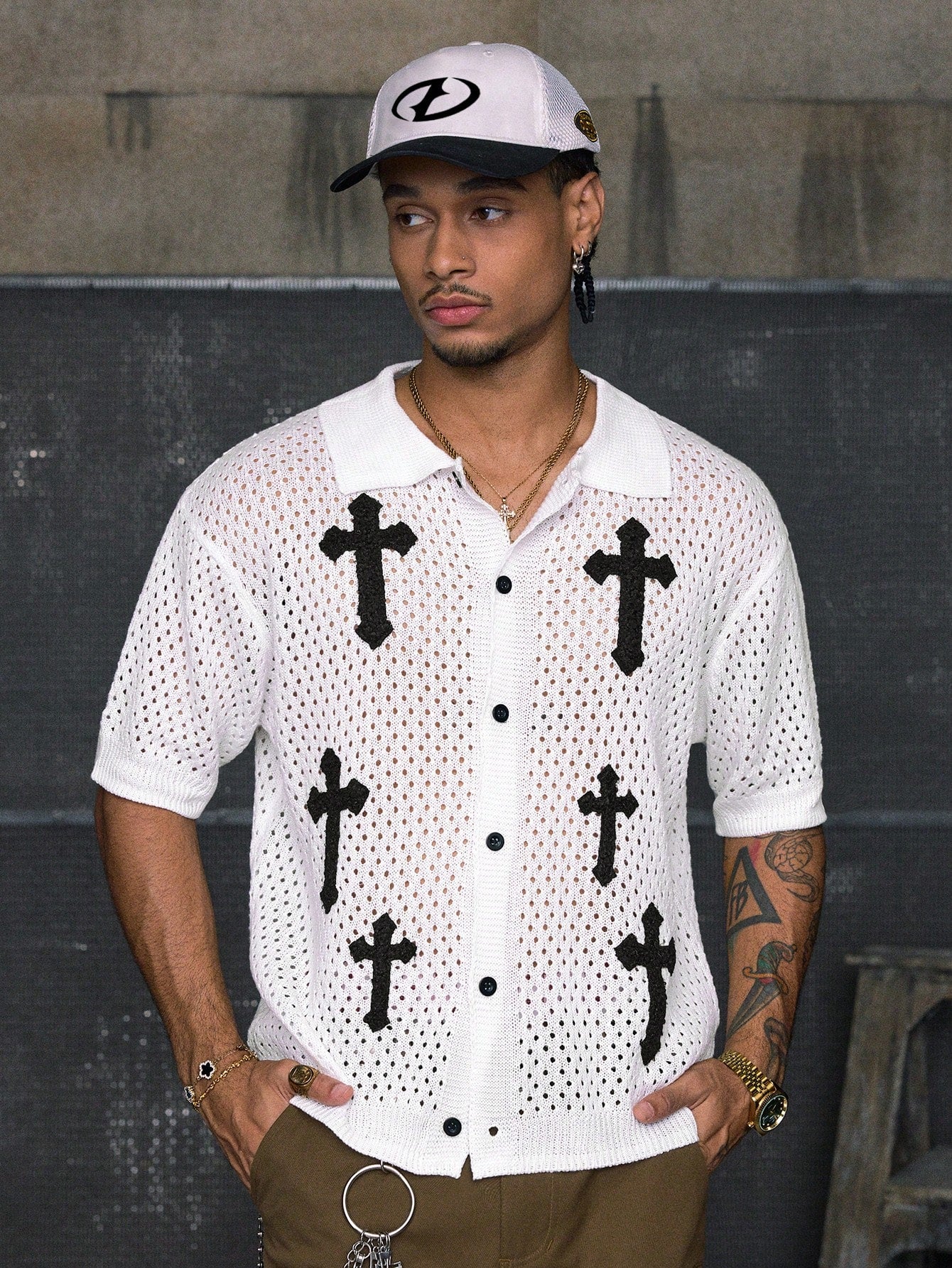 AXEPEAK Men'S Cross Print Front Button Casual Short Sleeve Knit Fall Sweater