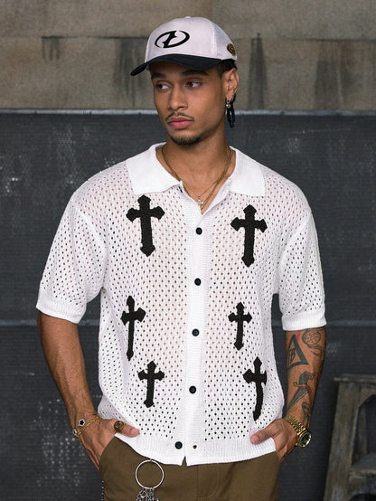 AXEPEAK Men'S Cross Print Front Button Casual Short Sleeve Knit Fall Sweater