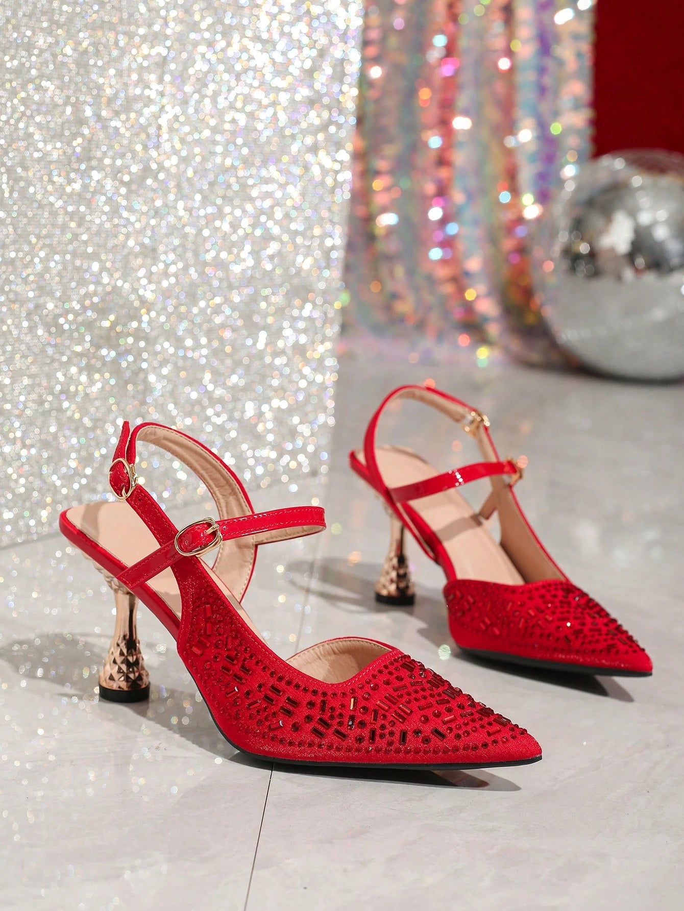 Pink Elastic Strap Back Rhinestone Women'S Sandals, Pointed Toe Backless Square High Heel Shoes, Unique Design