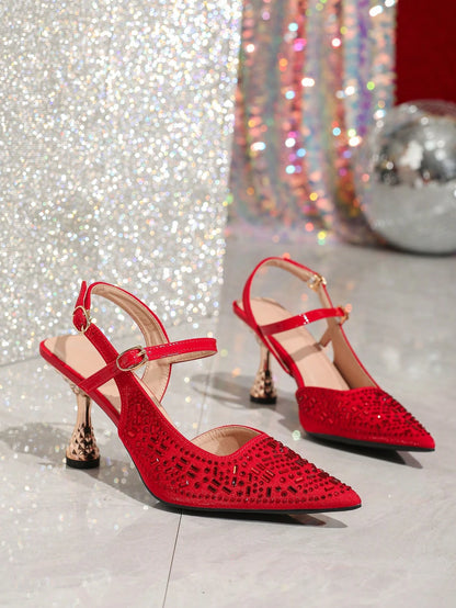 Pink Elastic Strap Back Rhinestone Women'S Sandals, Pointed Toe Backless Square High Heel Shoes, Unique Design