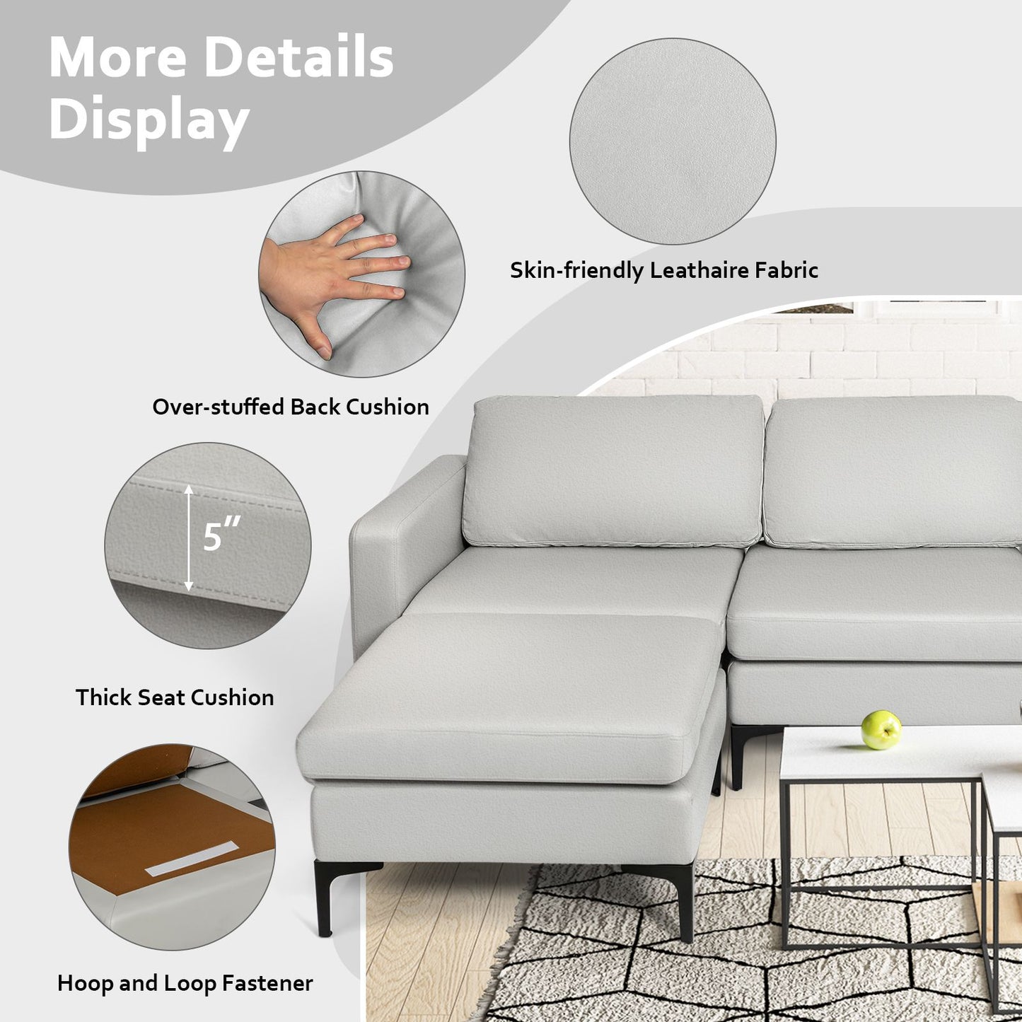 Modular L-Shaped Sofa with Reversible Ottoman and Integrated Power Outlet