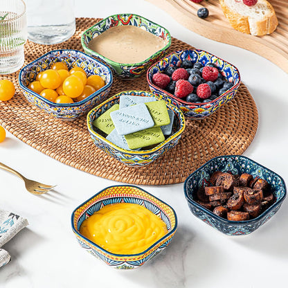 Square Snack Bowls Porcelain, 8Oz Dipping Bowls, Small Appetiser Plates for Sauce, Spices, Fruits, Snack & Dessert. Colourful, Pack of 6 - Bohemian Style