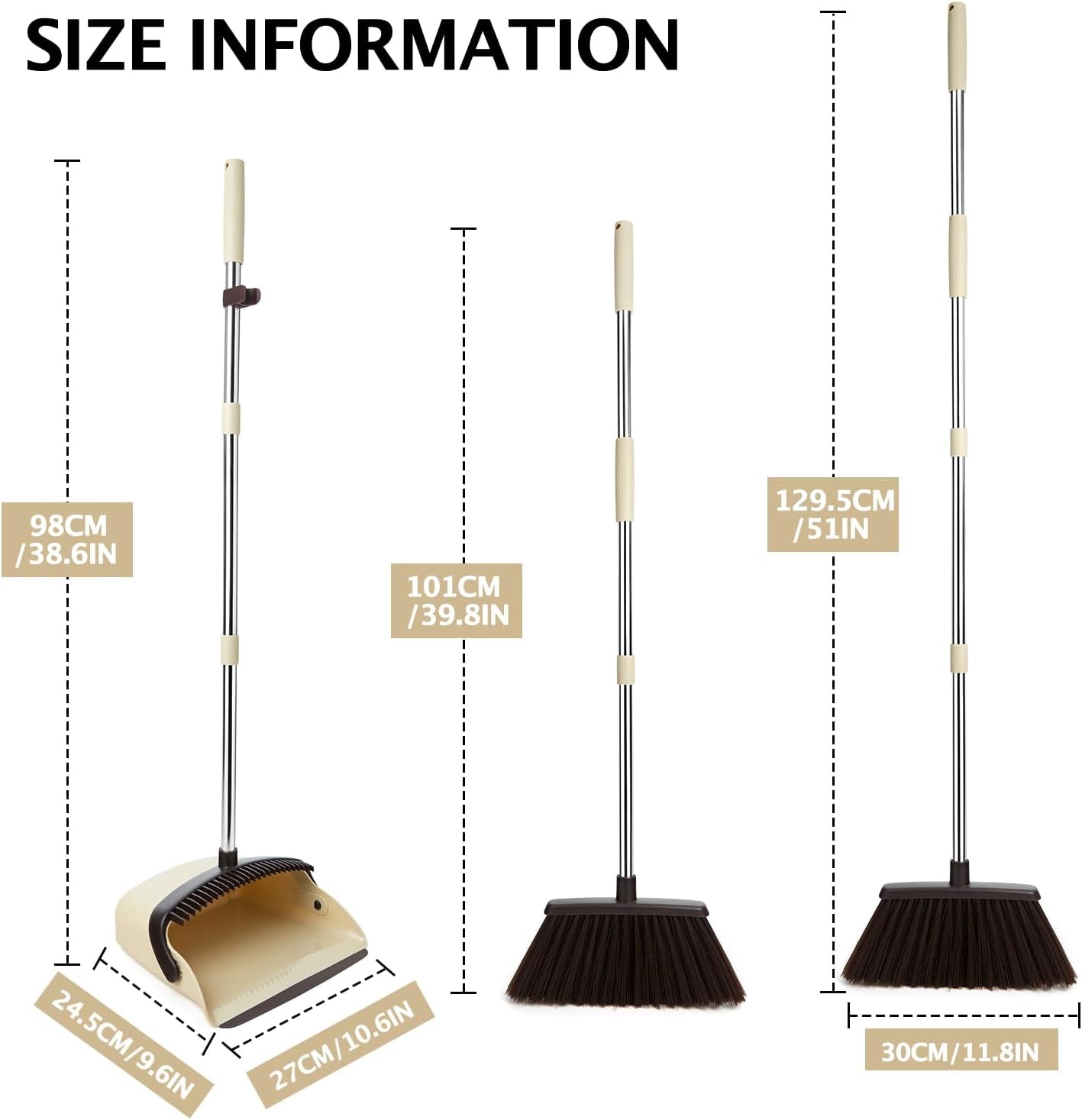 Long Handle Dustpan and Brush Sets, Broom and Dustpan Set with Comb Teeth, Sweeping Brush Set for Indoor Kitchen Lobby Office Sweeping Pet Dog Hair, Household Cleaning Supplies (Brown Beige)