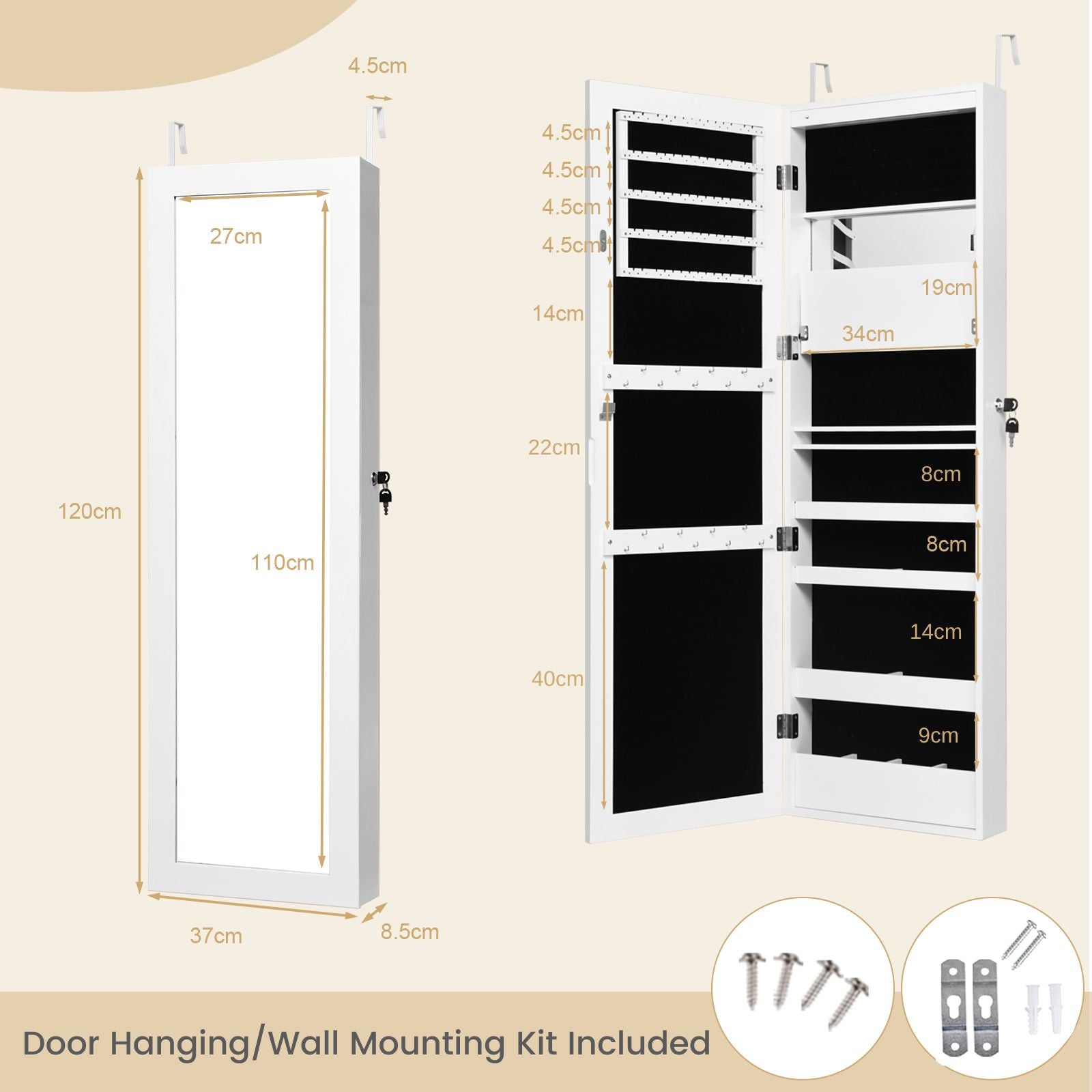 Elegant 120 cm Lockable Jewelry Cabinet Mirror with 15 LED Lights for Secure and Stylish Organization