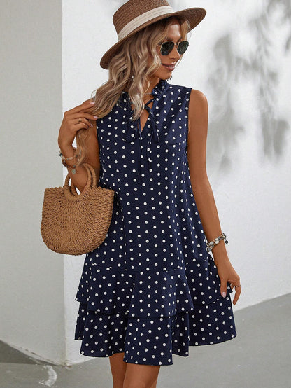 Emery Rose Polka Dot Tie Neck Ruffle Hem Smock Dress