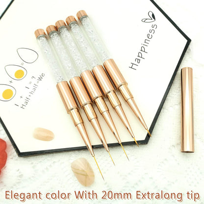 5PCS Nail Art Liner Brushes Long Set with Lid and Diamand Handle 7/9/11/15/20Mm,  Fine Detail Painting Cap Pens Kit Thin Acrylic Line Brush Tools for DIY Professional Design Rose Gold