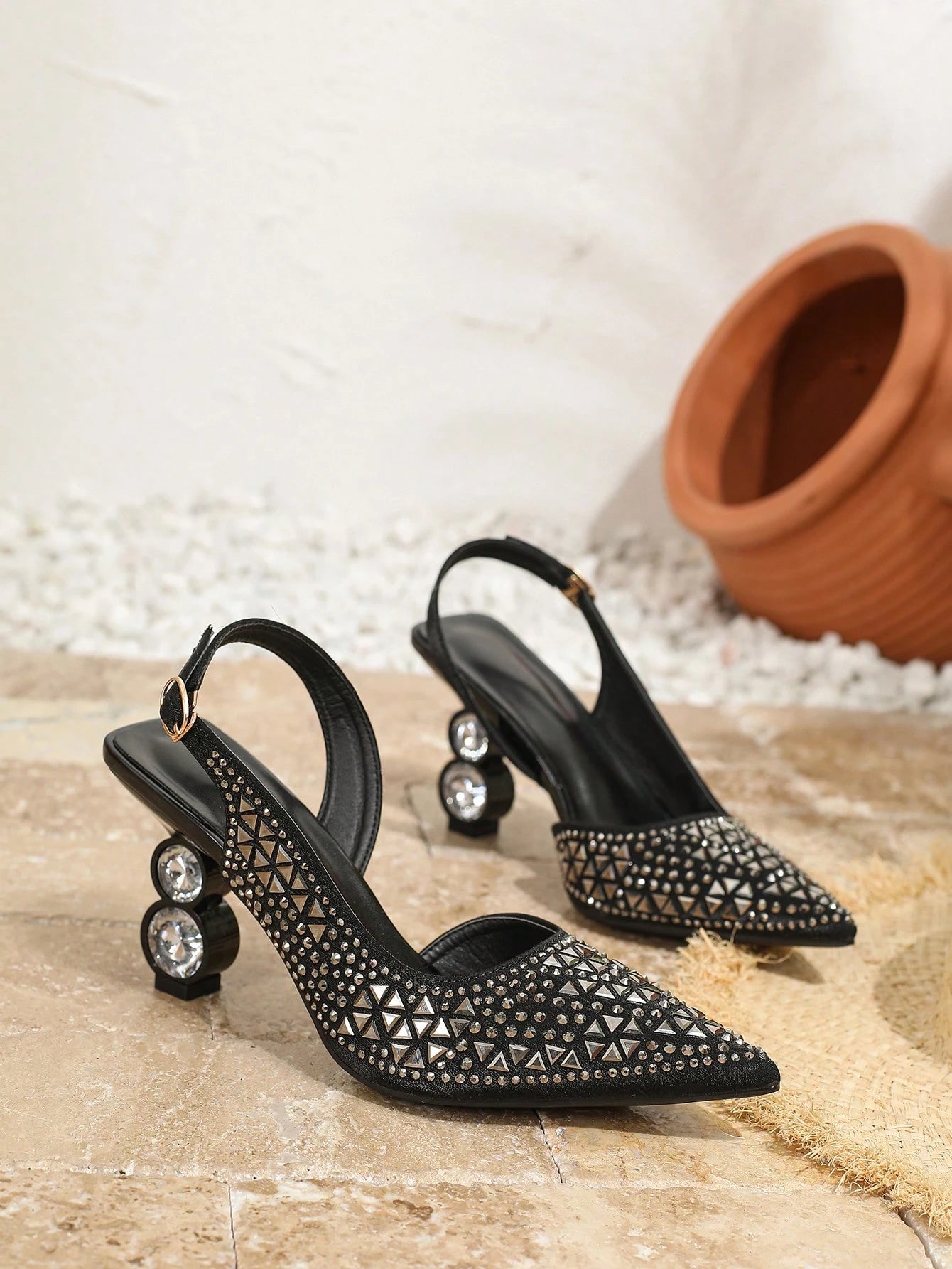 Pink Elastic Strap Back Rhinestone Women'S Sandals, Pointed Toe Backless Square High Heel Shoes, Unique Design