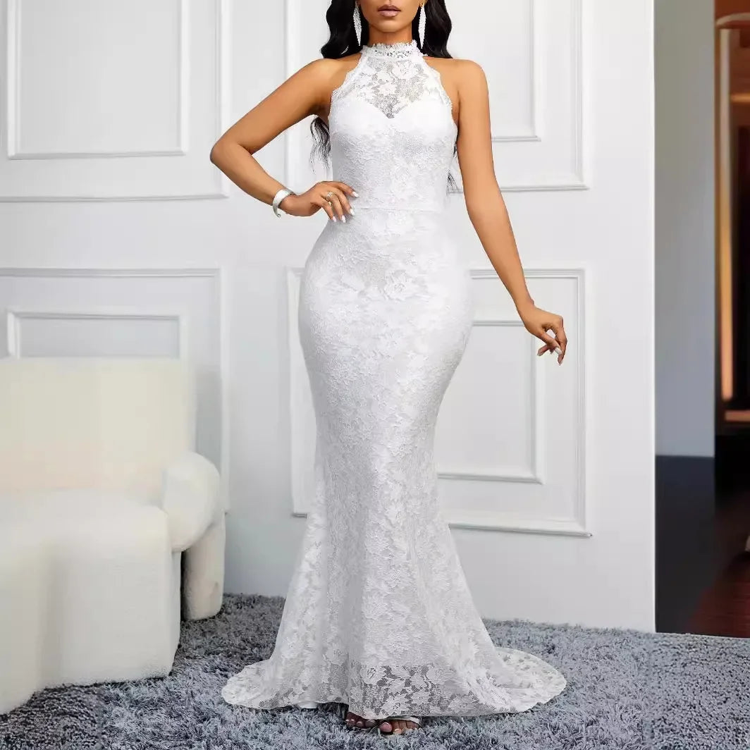 Women Lace Dress Elegant White Halterneck Sleeveless Backless Sexy Slim High Waist Bag Hips Bridesmaid Banquet Cocktail Party