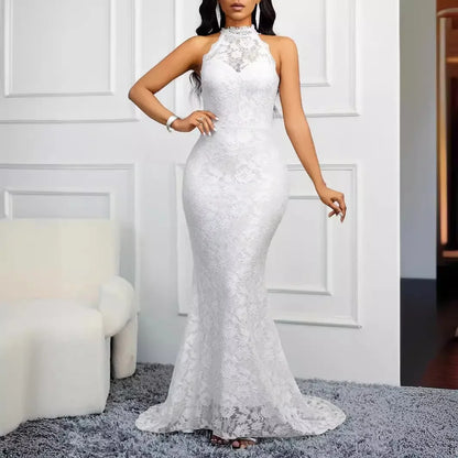 Women Lace Dress Elegant White Halterneck Sleeveless Backless Sexy Slim High Waist Bag Hips Bridesmaid Banquet Cocktail Party