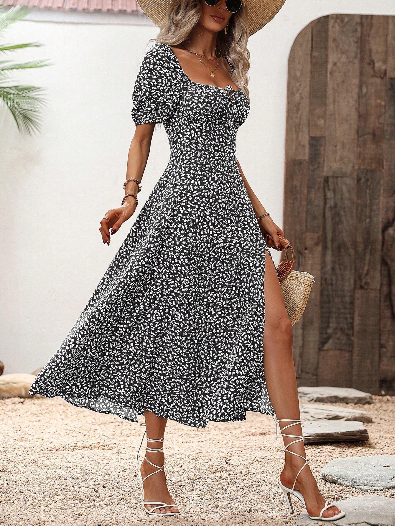 Women's Floral A-Line Maxi Dress with Split Thigh for Holiday Beach Getaways