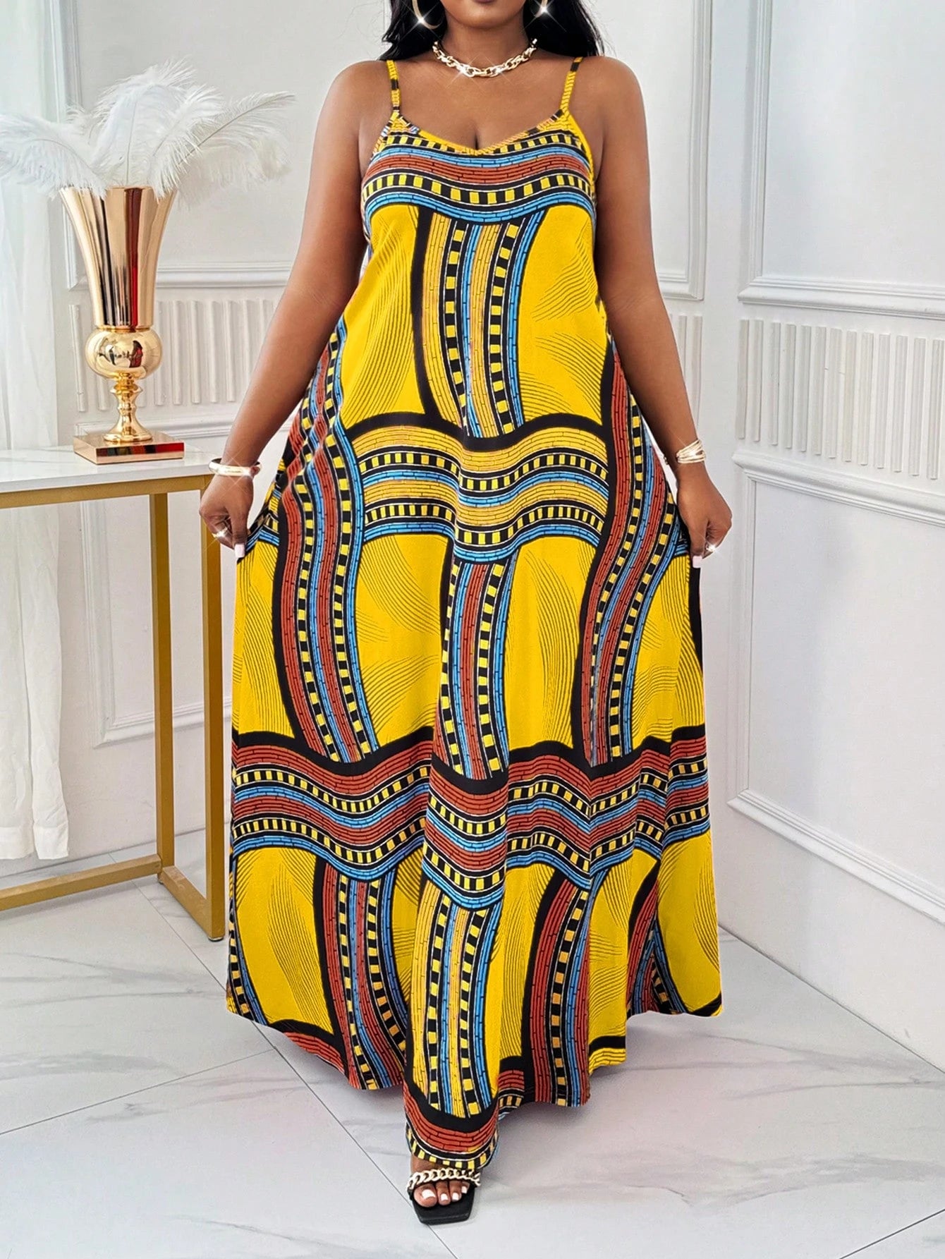 Women's Plus Size Spring and Summer Casual Beach Spaghetti Strap Gown - Plaid and African-Inspired Vacation Dresses for Women