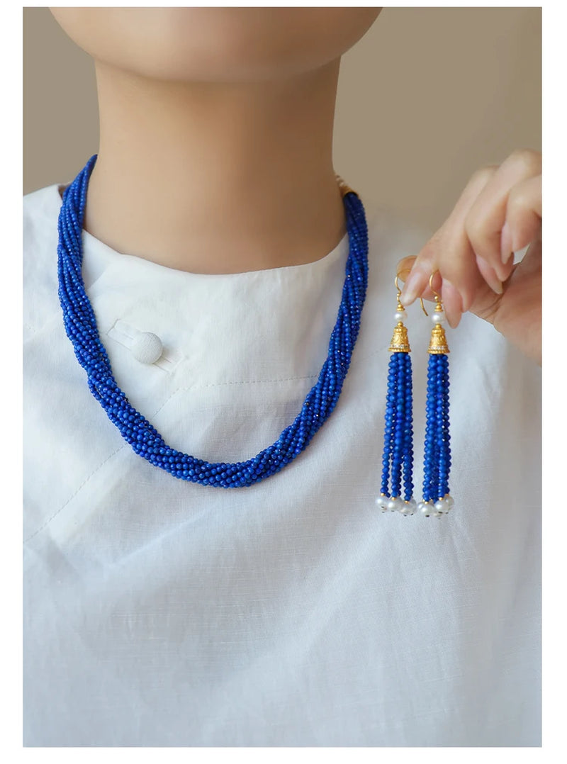 Lapis Lazuli Necklace and Earrings Set in Sterling Silver with Gilt Finish - Retro High Fringed Jewelry Ensemble