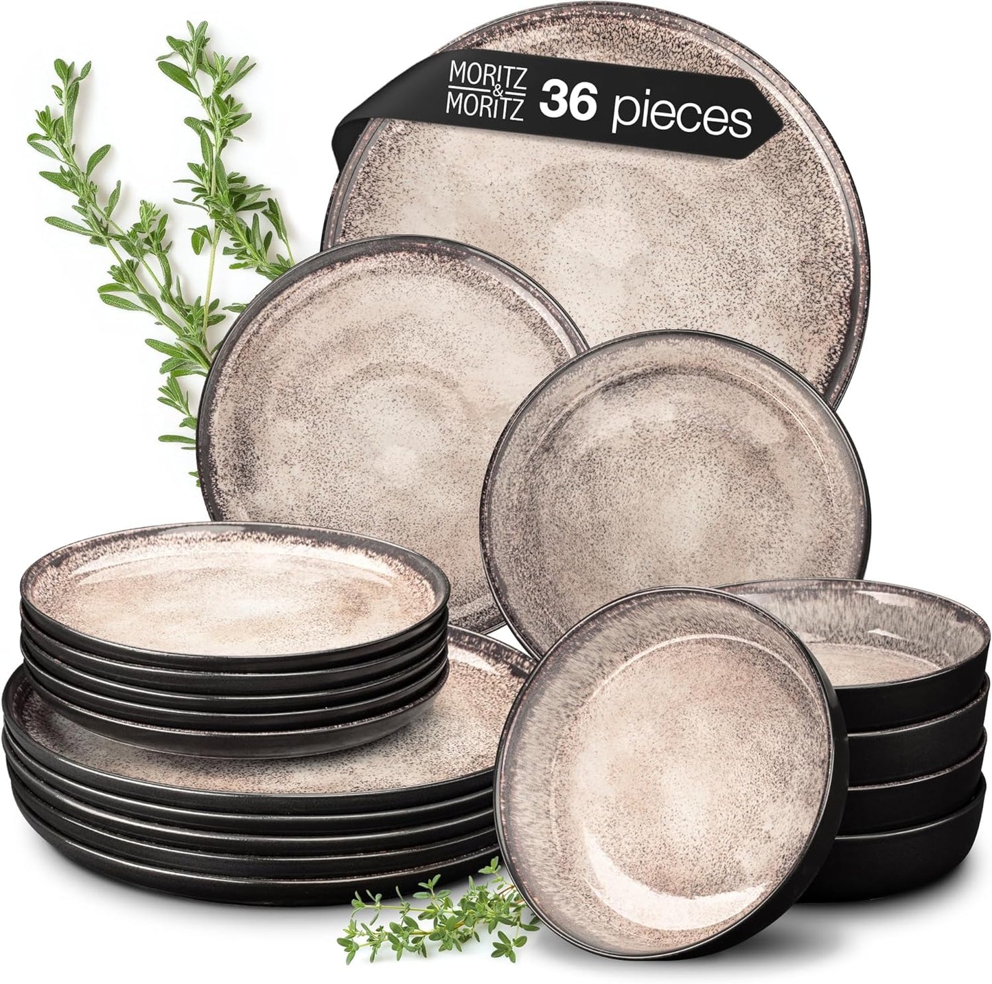 VIDA 36-Piece Beige Porcelain Dinner Set for 12 People - Modern Plates and Bowls Set, Microwave & Dishwasher Safe - Includes Dinner Plates, Soup Bowls & Dessert Plates