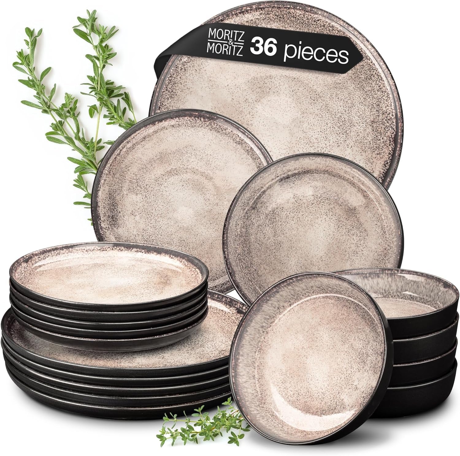 VIDA 36-Piece Beige Porcelain Dinner Set for 12 People - Modern Plates and Bowls Set, Microwave & Dishwasher Safe - Includes Dinner Plates, Soup Bowls & Dessert Plates