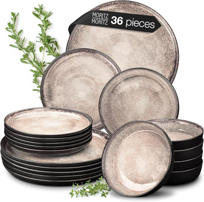 VIDA 36-Piece Beige Porcelain Dinner Set for 12 People - Modern Plates and Bowls Set, Microwave & Dishwasher Safe - Includes Dinner Plates, Soup Bowls & Dessert Plates