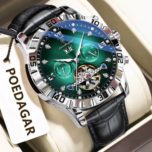 Fashion Men Wristwatch Luxury Hollow Tourbillon Luminous Date Week Man Clock Automatic Mechanical Leather Men'S Watches