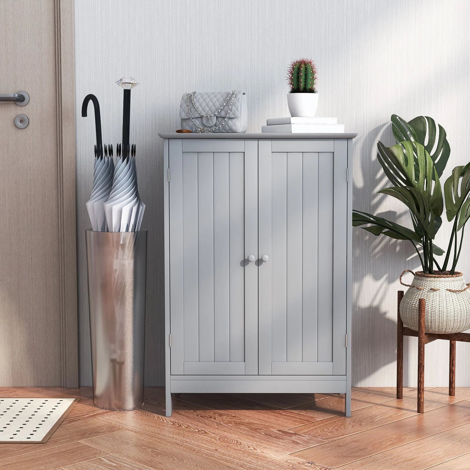 Double Door Bathroom Floor Cabinet with Adjustable Shelving