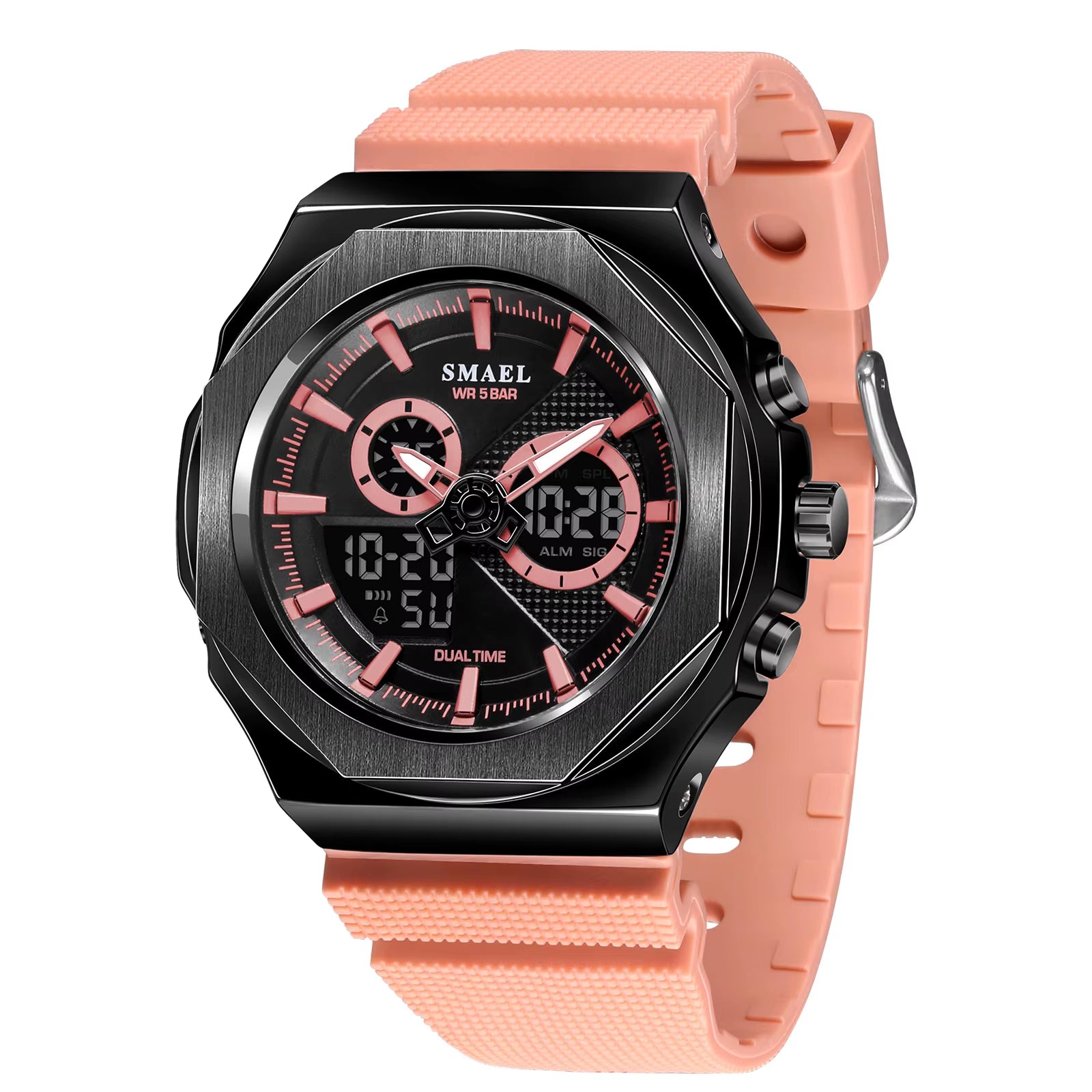 SMAEL Women's 50M Waterproof Sport Watch - Pink Dual Time Display Digital LED Backlight Gift for Her 8102