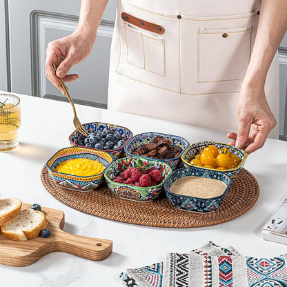 Square Snack Bowls Porcelain, 8Oz Dipping Bowls, Small Appetiser Plates for Sauce, Spices, Fruits, Snack & Dessert. Colourful, Pack of 6 - Bohemian Style