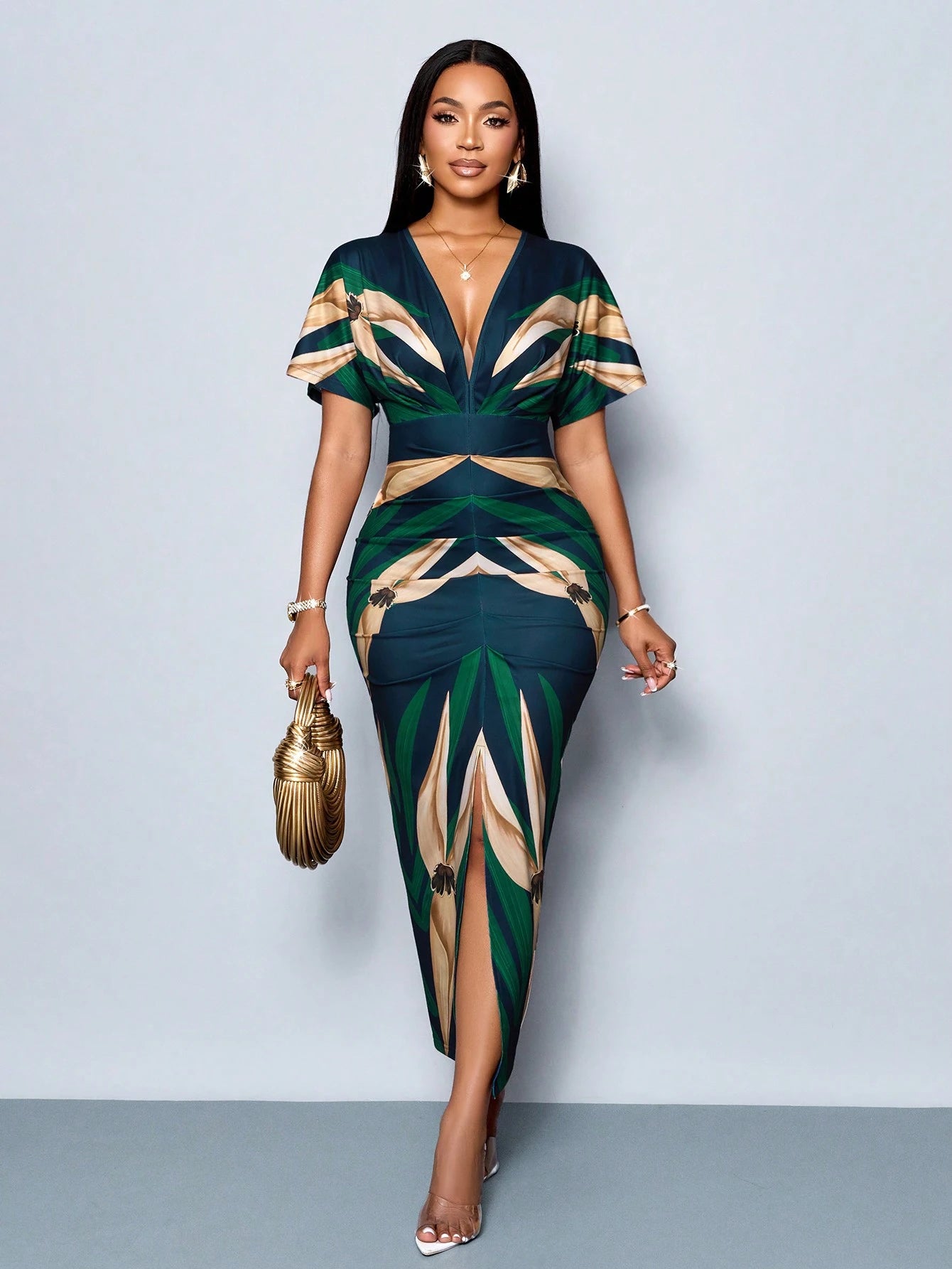 Elegant Printed V-Neck Split Thigh Bodycon Dress for Women - Perfect for Spring/Summer Events