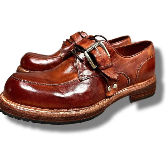 Handmade Mens Horsehide Genuine Leather Derby Shoes Thick Bottom Vintage Dress Shoes British Style round Toe Work Cargo Shoes