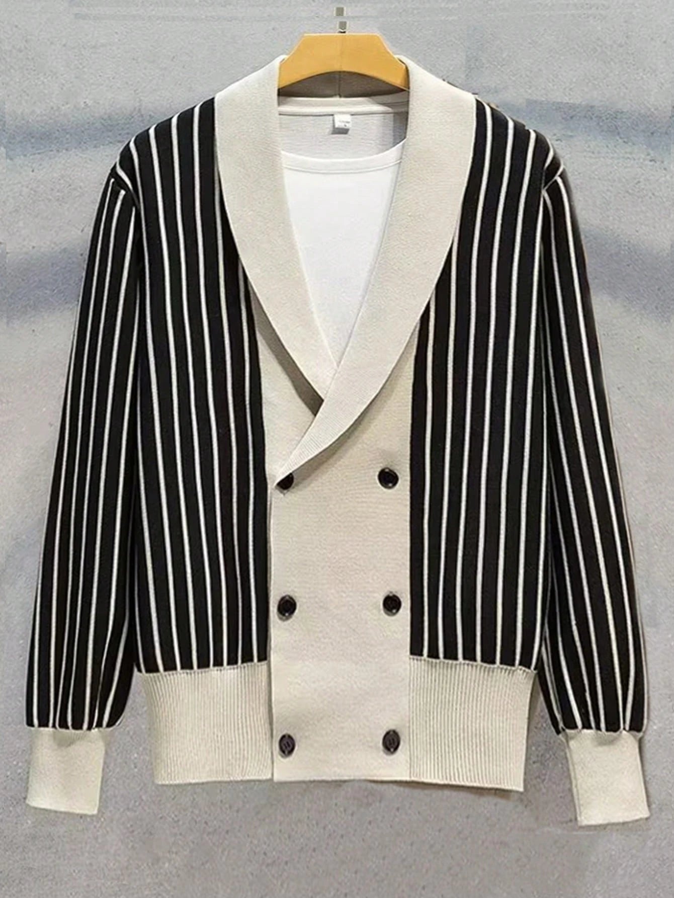 Men Striped Pattern Shawl Collar Double Breasted Cardigan, for Fall Winter