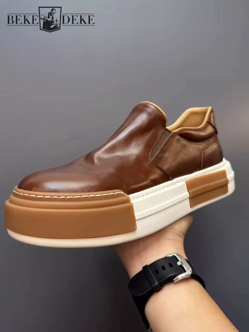 Vintage Men High Quality Horsehide Genuine Leather Slip on Loafers Thick Platform Low Cut Casual Shoes Autumn outside Sneakers