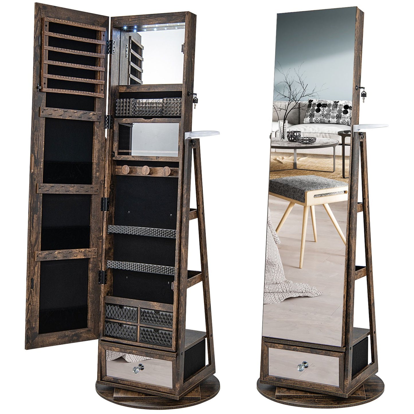 Lockable 360-Degree Rotating Jewelry Armoire with Full-Length Mirror