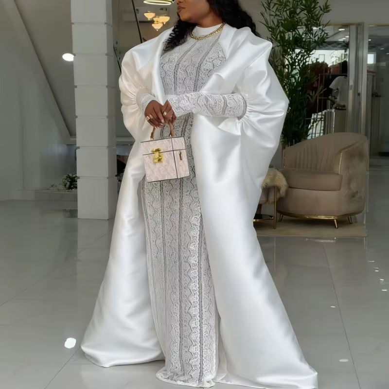 Two Pieces Set Loose Africa Clothing Kaftan Boubou Maxi Gown for Women inside Lace Dresses with Cape Occasion Autumn New Fashion