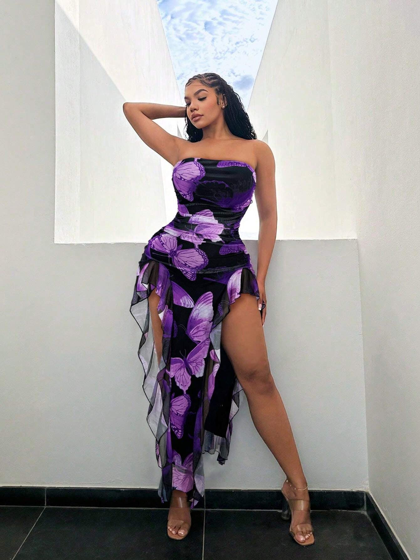 SXY Summer Butterfly Print Flared High-Low Bandeau Bodycon Dress