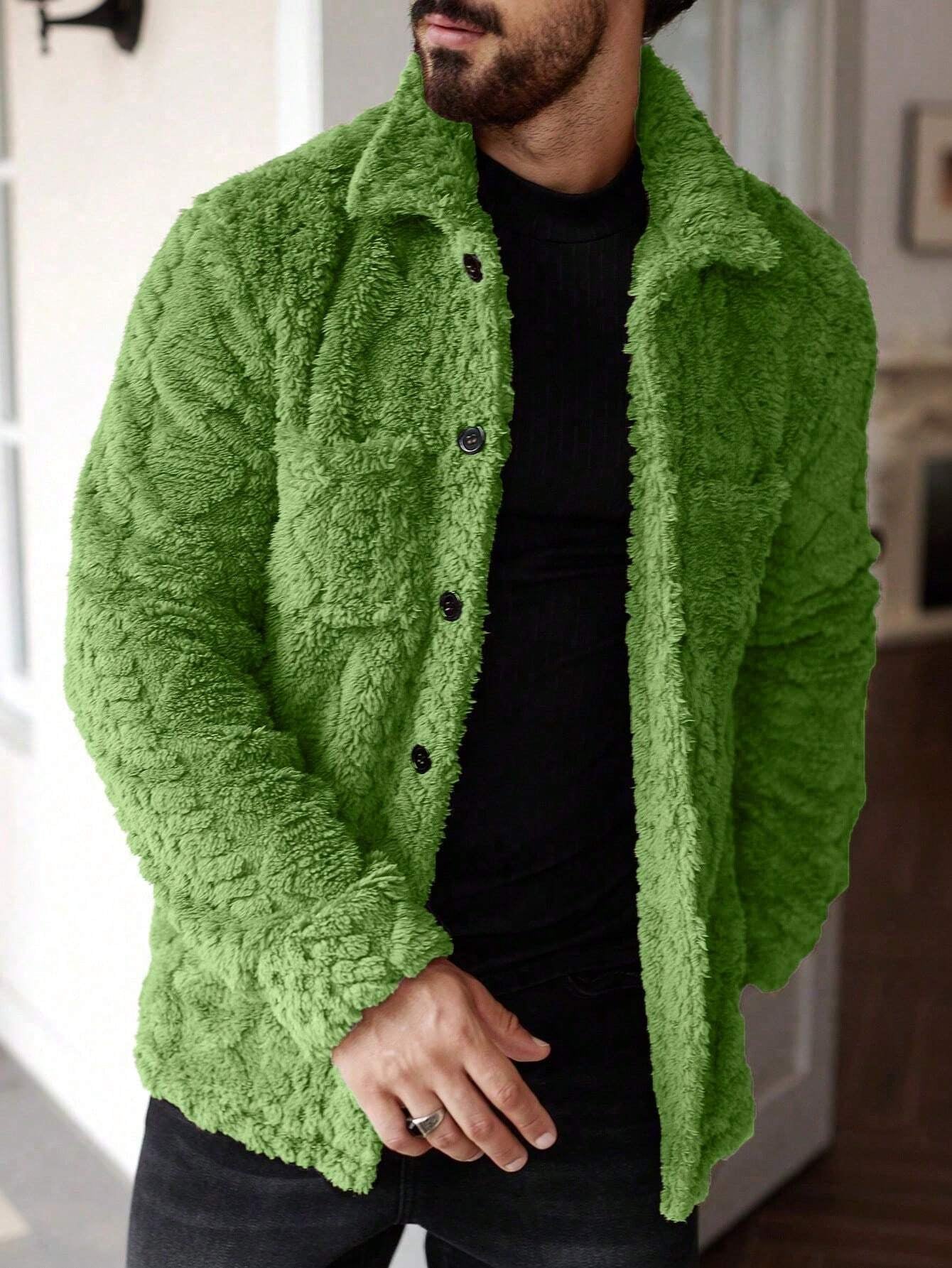 Manfinity Homme Men'S Casual Solid Color Fuzzy Jacket for Autumn/Winter ,Men Flannel,Winter Men Jacket, Going Out Warm Long Sleeve Jacket, for Friends, Husband, Boyfriend Gifts