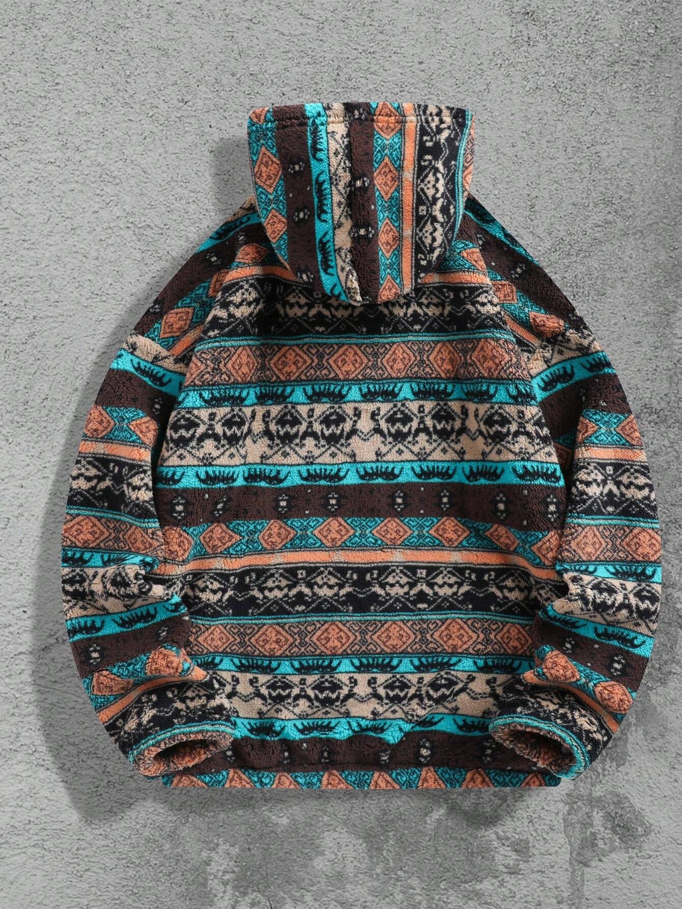 Men'S Totem Print Hooded Sherpa Fleece Sweatshirt