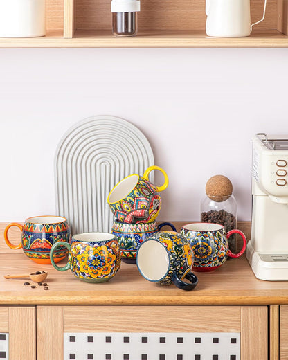 Porcelain Mug Set, Ceramic Cappuccino Cups/Mug Set - 600 Ml, Crockery Cup Mug for 6 People, Coffee Mug Set - Bohemian Style