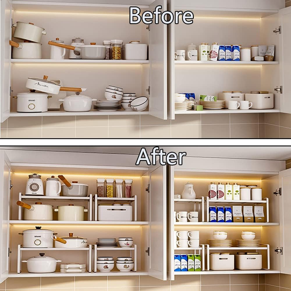 Shelf Insert, Kitchen Cupboard Organiser with Non-Slip Mat, Kitchen Cabinet Insert, for Kitchen/Bathroom/Table Top/Sideboard (White)