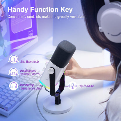 PC Gaming Microphone, XLR/USB Microphone for Podcast Recording, Dynamic Mic with RGB, Mic Mute, Monitoring Headphones Jack for Computer/Ps4/Ps5, for Voice-Over Vocal Video-Ampligame AM8 White