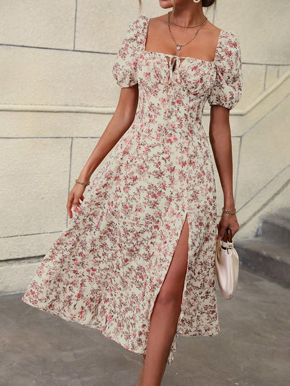 Women's Floral A-Line Maxi Dress with Split Thigh for Holiday Beach Getaways