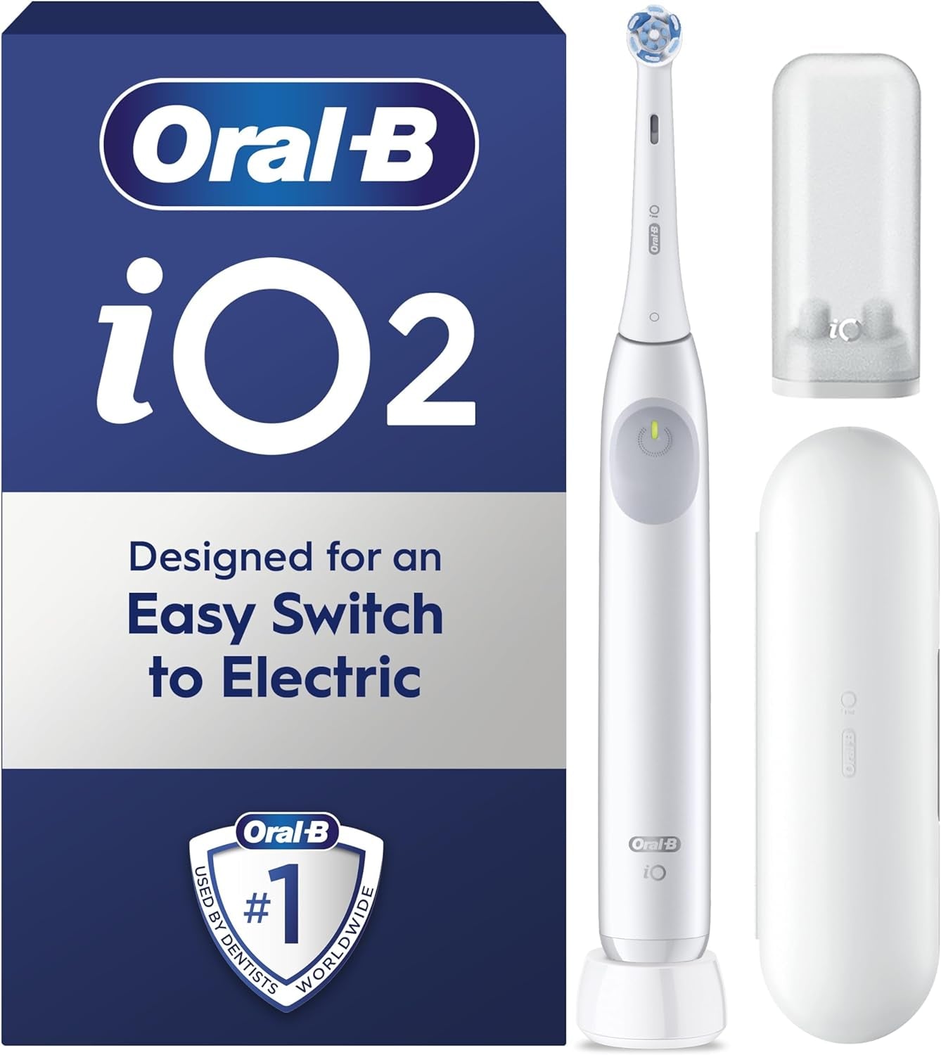 Io2 Electric Toothbrush, 1 Gentle Care Toothbrush Head, 1 Travel Case, 1 Travel Refill Holder, Toothbrush for Adults (Simple White), Designed by Braun, 2 Pin UK Plug