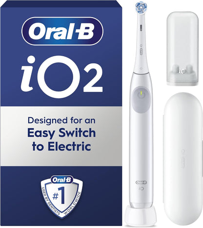 Io2 Electric Toothbrush, 1 Gentle Care Toothbrush Head, 1 Travel Case, 1 Travel Refill Holder, Toothbrush for Adults (Simple White), Designed by Braun, 2 Pin UK Plug