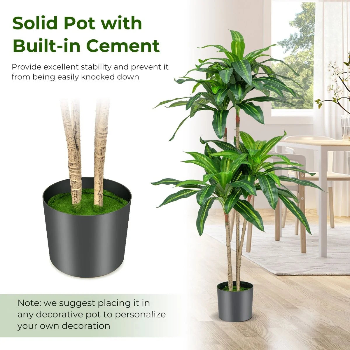 Luxurious 140 cm Artificial Dracaena Plant with 92 Lush Leaves and Sturdy Cement Pot