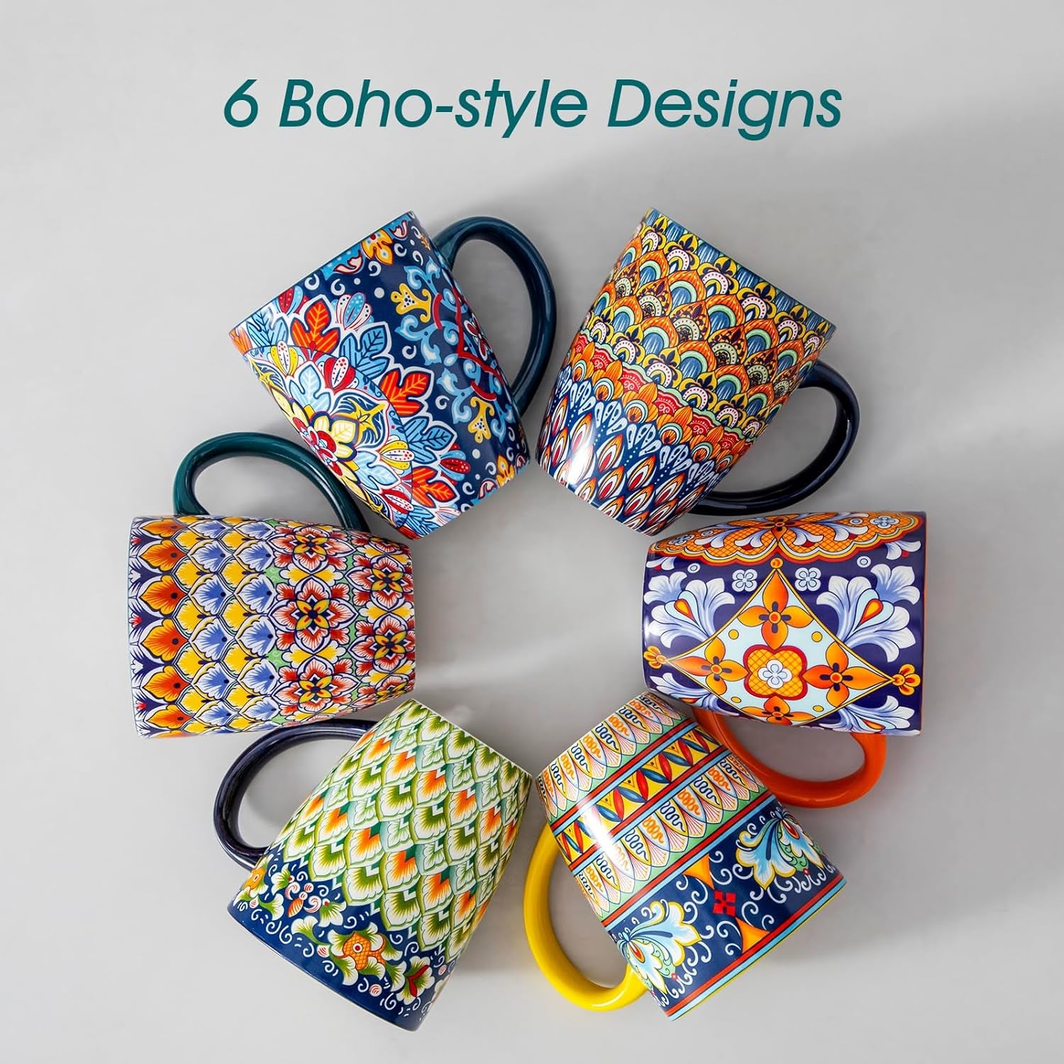SIMI Mugs Set, 16Oz/480Ml Porcelain Coffee Mug Set of 6, Bohemian Style Tea and Coffee Cups with Handle, Microwave & Dishwasher Safe, Suitable for All Kinds of Drinks