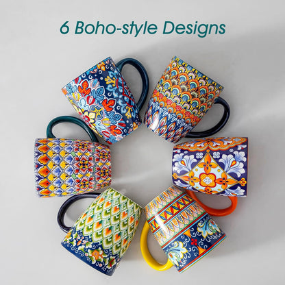 SIMI Mugs Set, 16Oz/480Ml Porcelain Coffee Mug Set of 6, Bohemian Style Tea and Coffee Cups with Handle, Microwave & Dishwasher Safe, Suitable for All Kinds of Drinks