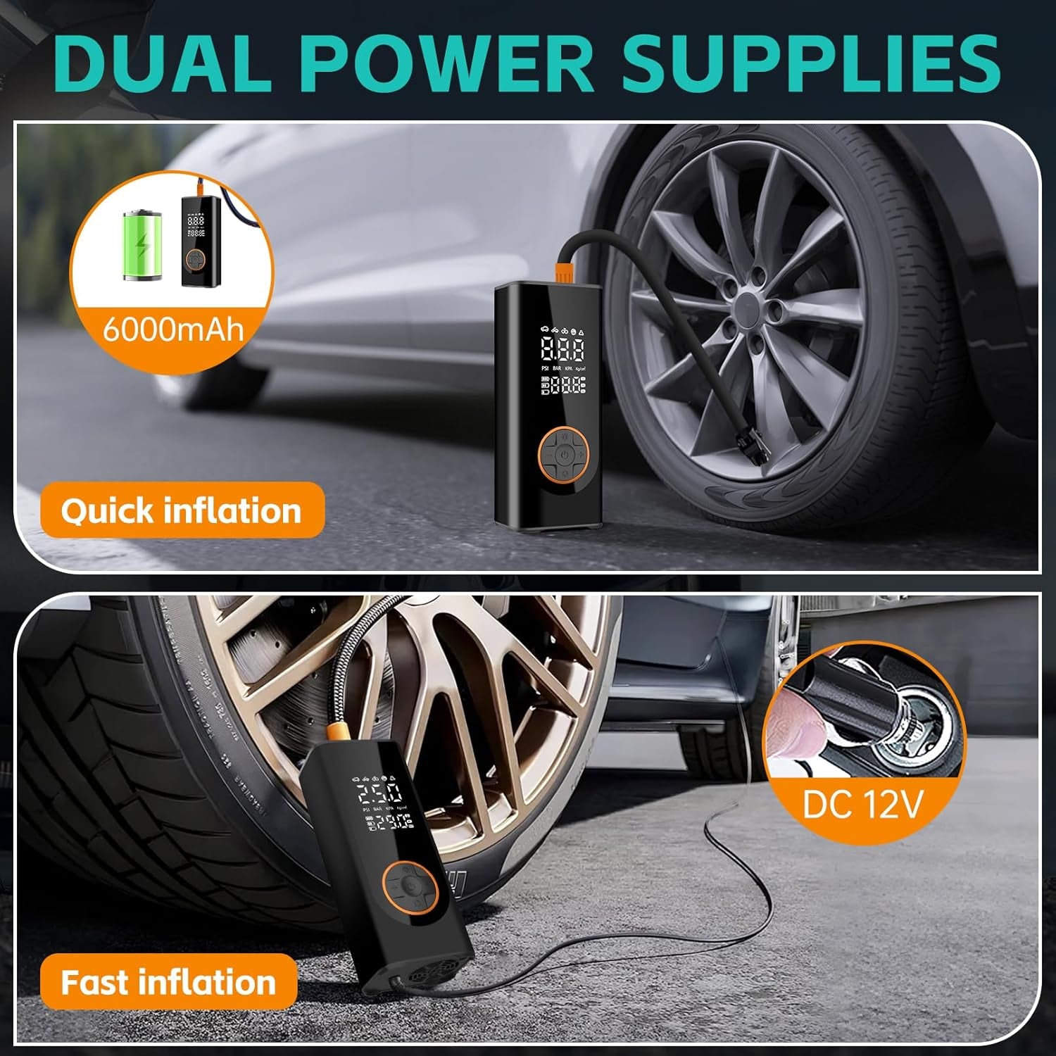 Cordless Tyre Inflator Portable Air Compressor Digital Car Tire Pump DC 12V 150 PSI Electric Air Pump for Vehicle Tyres/Bike/Inflatables with Preset and Auto Shutoff Function/ 4 Nozzles/Led Light