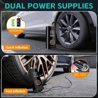 Cordless Tyre Inflator Portable Air Compressor Digital Car Tire Pump DC 12V 150 PSI Electric Air Pump for Vehicle Tyres/Bike/Inflatables with Preset and Auto Shutoff Function/ 4 Nozzles/Led Light