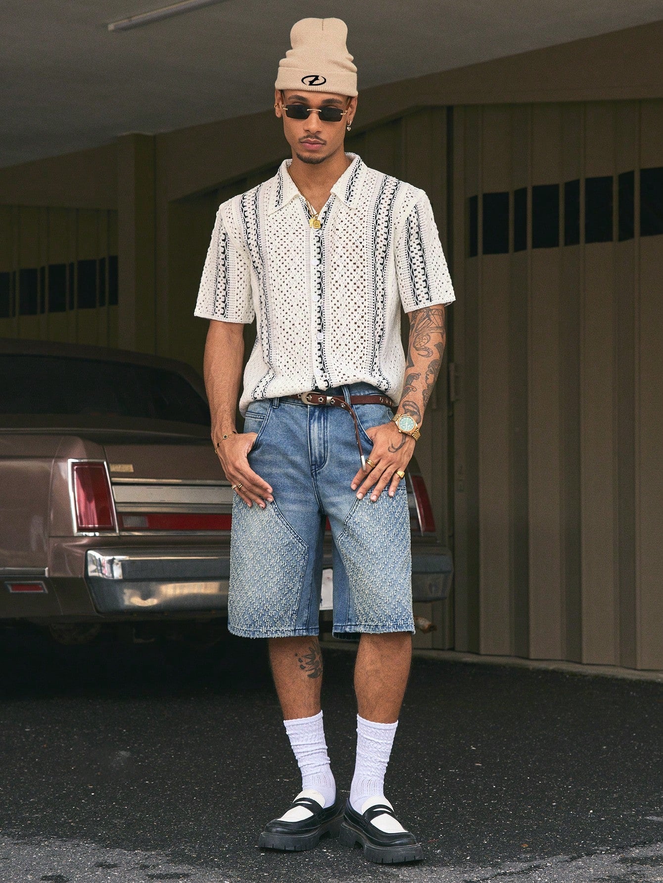 AXEPEAK Pocket Embossed Loose Casual Versatile Denim Bermuda Shorts, Spring/Summer