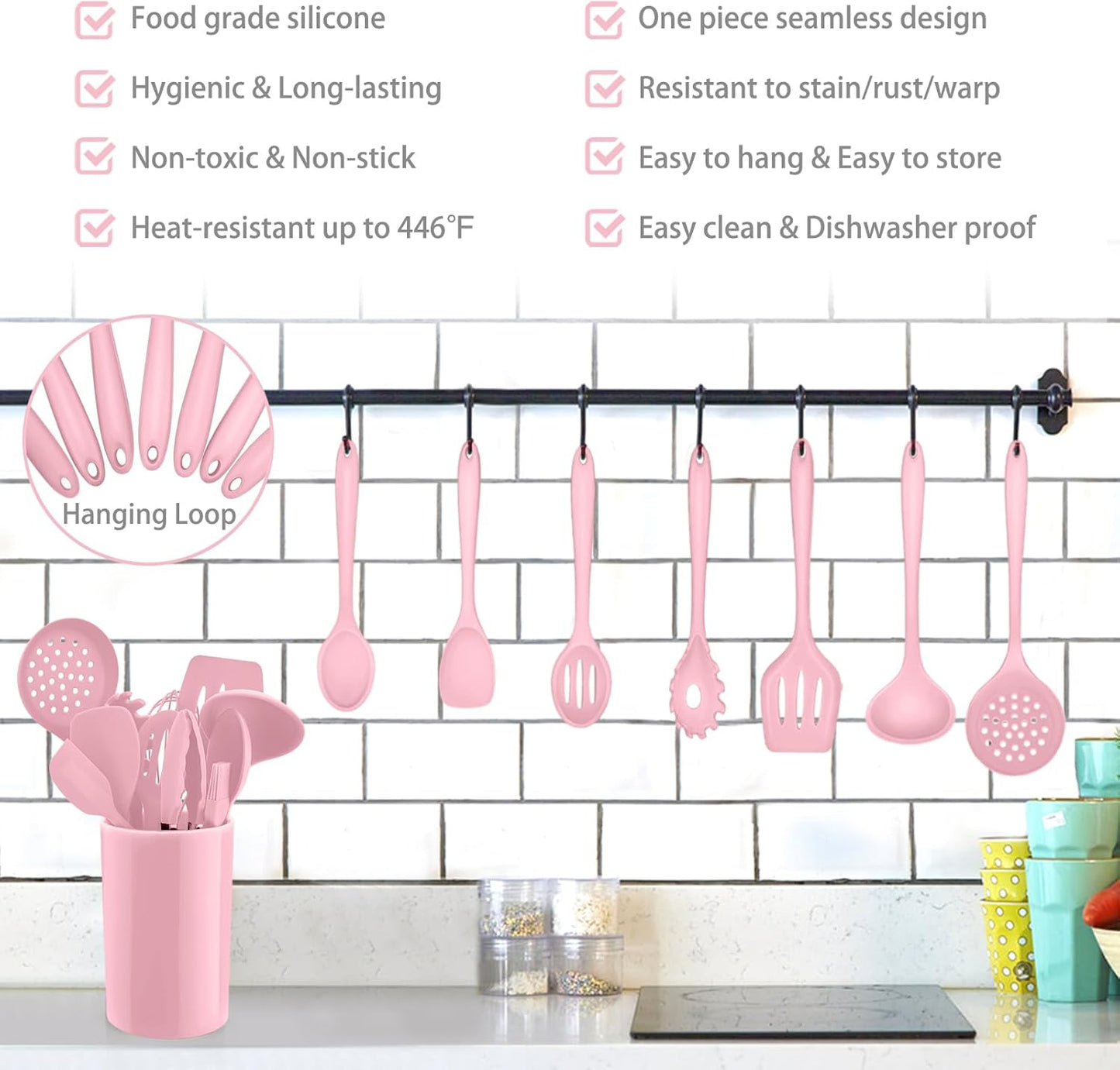 Silicone Kitchen Utensil Set,  12 Piece Cooking Utensils with Holder, Heat Resistant Kitchen Tools Spatulas Set for Cooking Baking Mixing, Safe for Non Stick Cookware - Pink