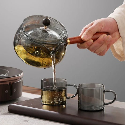 Semi-Automatic Rotary Heat-Resistant Glass Teapot Lazy Tea Making with Infuser and Wooden Handle Office Home Accessories Kitchen Gadgets